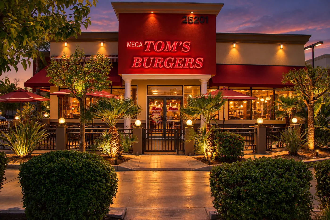 Mega Tom’s Burgers restaurant in Murrieta at night